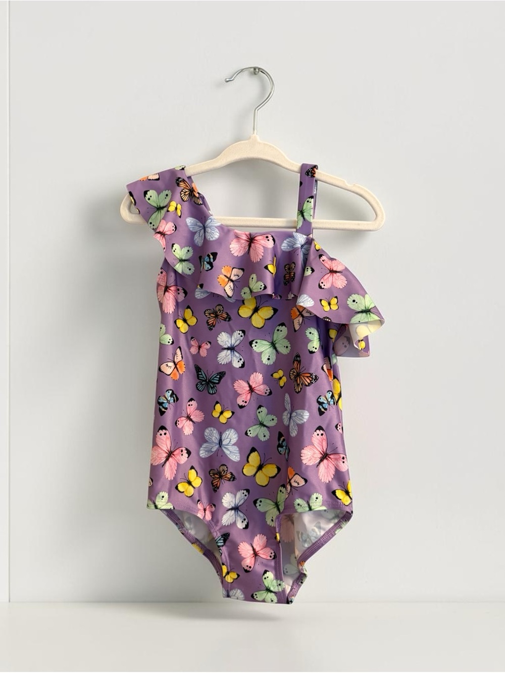 H&M Purple One-Shoulder Kids Swimsuit with Multicolor Butterflies